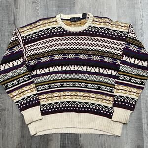 VTG Finalist Cotton Knit Purple Geometric Striped Pull Over 90s Mens Sweater XL